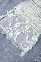 Denim Patchwork Lace Cut Out Frayed Wide Leg Jeans