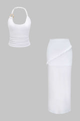 Asymmetrical Twist Knot Metallic Skirt Set