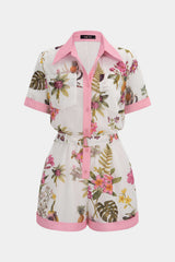 Contrast Floral Print Button Pocket Short Sleeve Wide Leg Romper