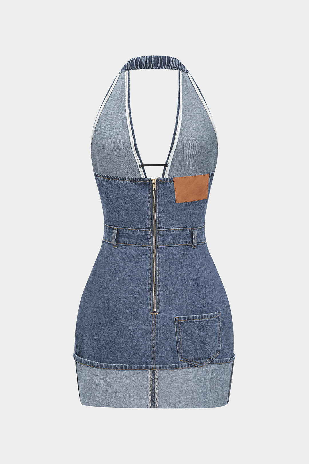 Denim Backless Washed Zipper Halter Mini Dress