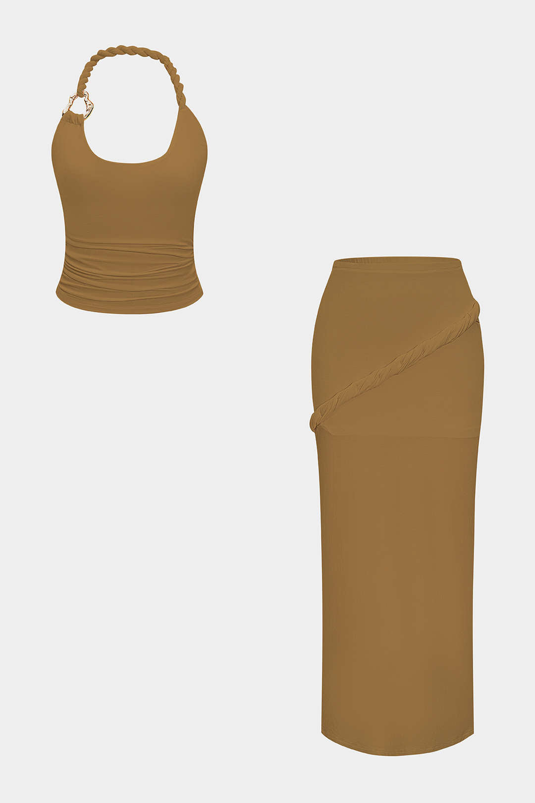 Asymmetrical Twist Knot Metallic Skirt Set