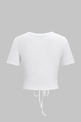 Coconut Palm Letter Print Round Neck Drawstring Ruched Short Sleeve T-Shirt