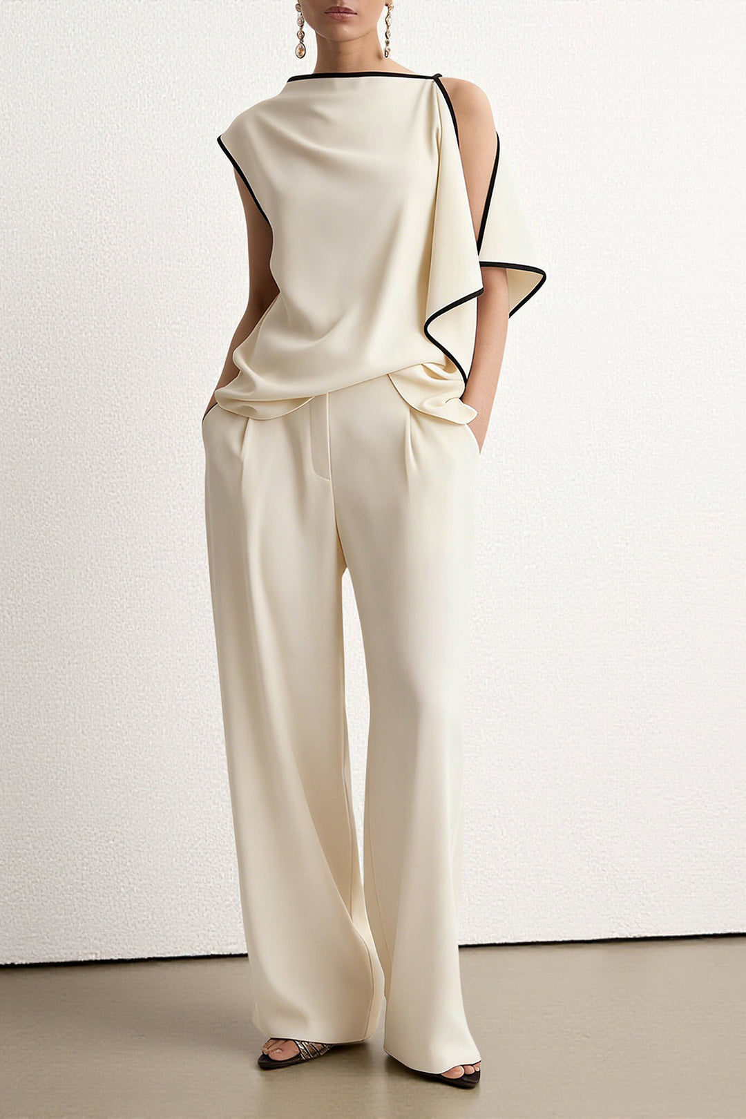Contrast Binding Asymmetrical Tank Top And Straight Leg Pants