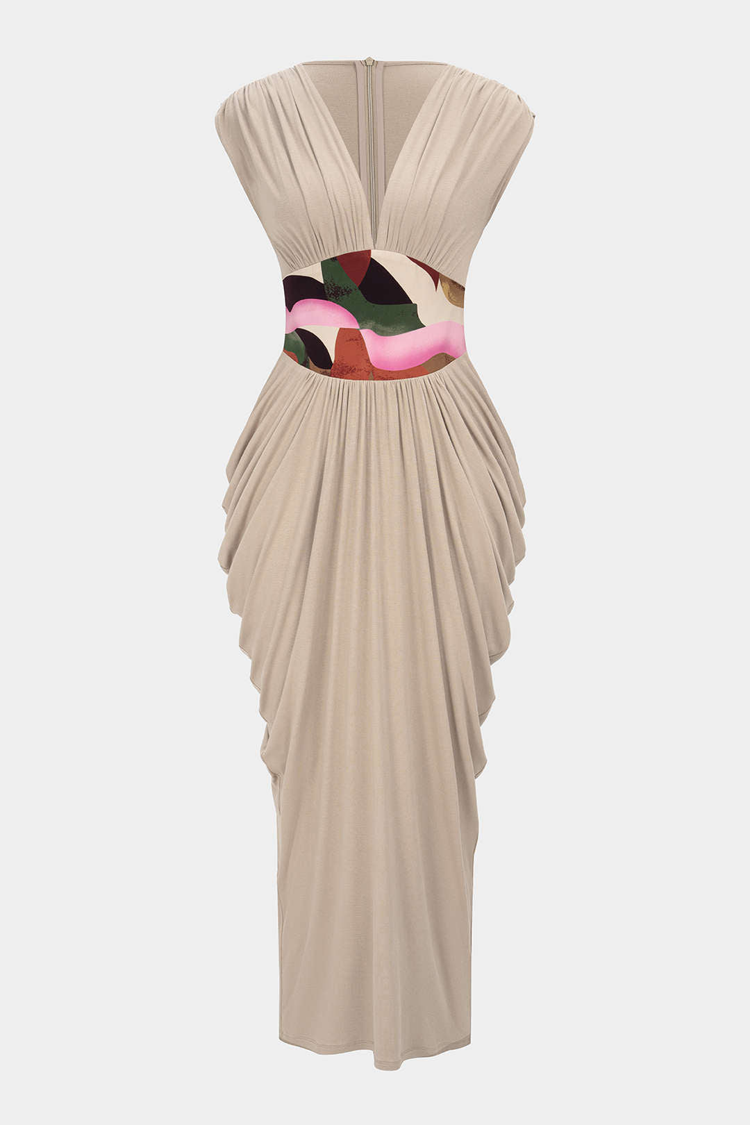 Abstract Print V-Neck Ruched Zipper Sleeveless Maxi Dress