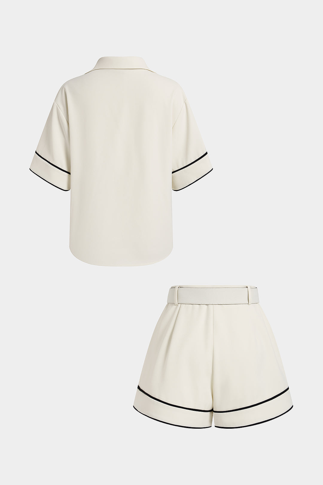 Contrast Flower Applique Short Sleeve Shirt And Belted Shorts Set