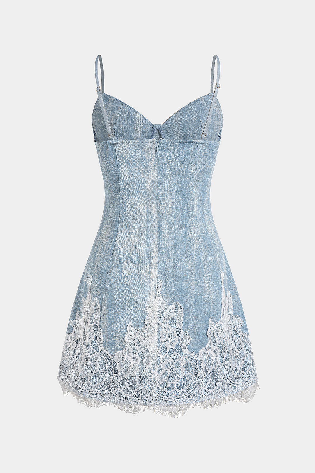 Denim Patchwork Lace Trim Zipper Sleeveless Mini Dress
