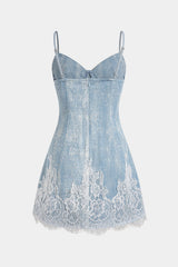 Denim Patchwork Lace Trim Zipper Sleeveless Mini Dress