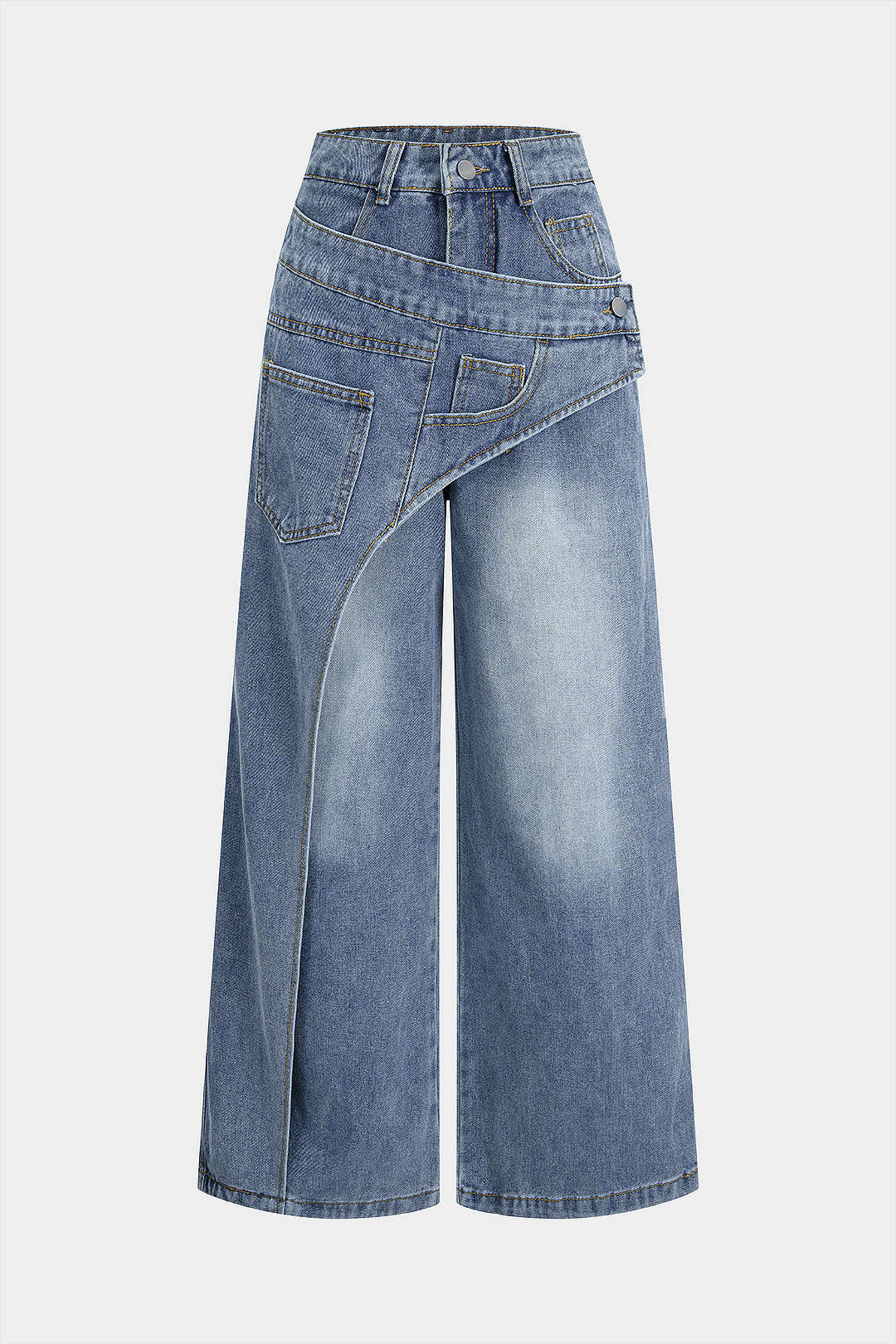Denim Button Zipper Pocket Straight Leg Jeans