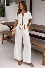 Contrast Trim Lapel Button Short Sleeve Shirt And Wide Leg Pants Set