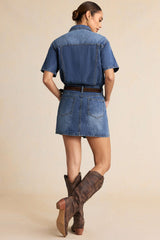 Denim Button Pocket Belted Short Sleeve Mini Dress