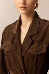 Corduroy Notched Lapel Button Pocket Belted Long Sleeve Midi Dress