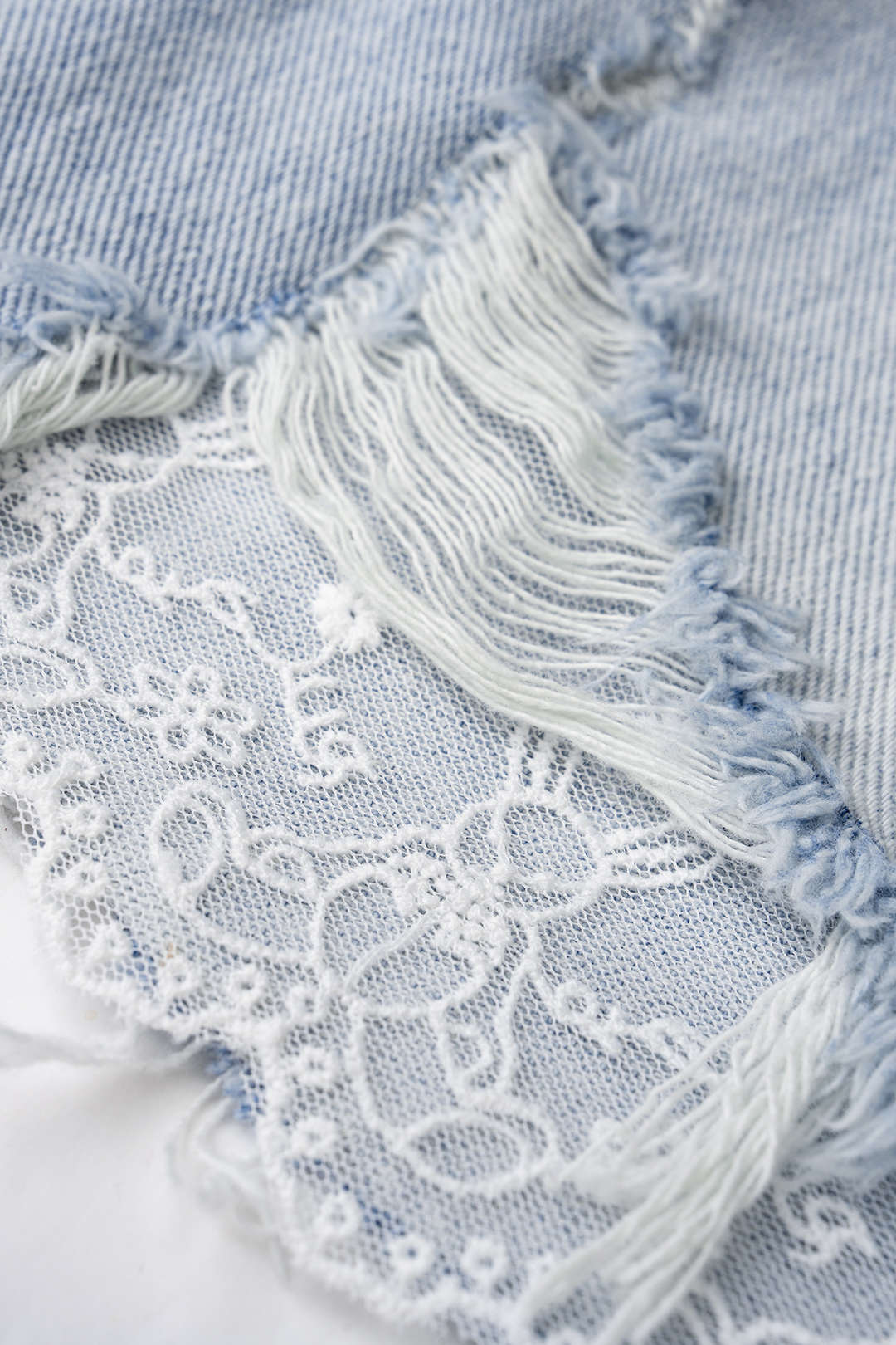 Denim Patchwork Lace Asymmetrical Frayed Shorts