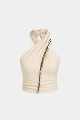 Beaded Crossed Halter Neck Tie-Up Tank Top