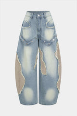 Denim Patchwork Frayed Rivets Barrel Leg Jeans