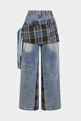 Denim Patchwork Plaid Print Washed Jeans