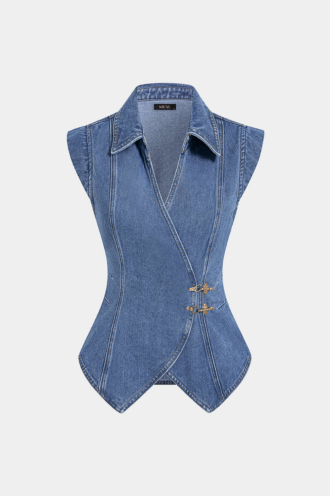 Denim Lapel V-Neck Wrap Buckle Vest