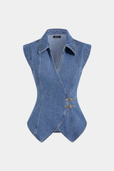 Denim Lapel V-Neck Wrap Buckle Vest