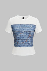 Denim Print Round Neck Short Sleeve T-Shirt