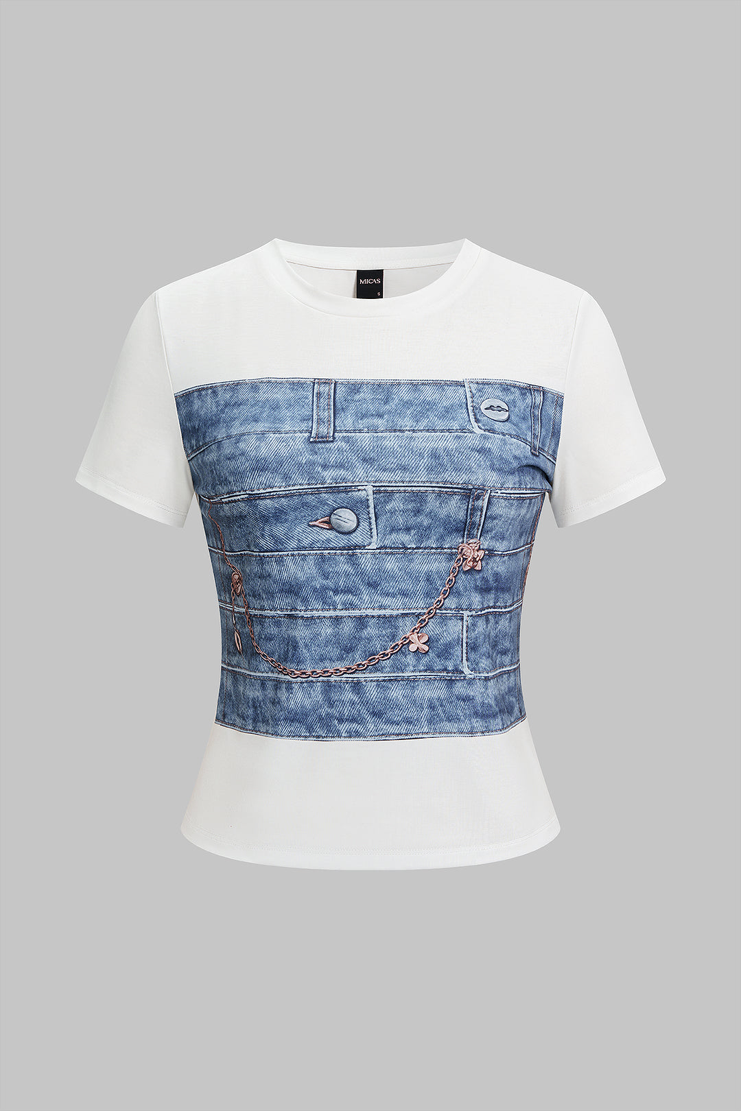 Denim Print Round Neck Short Sleeve T-Shirt