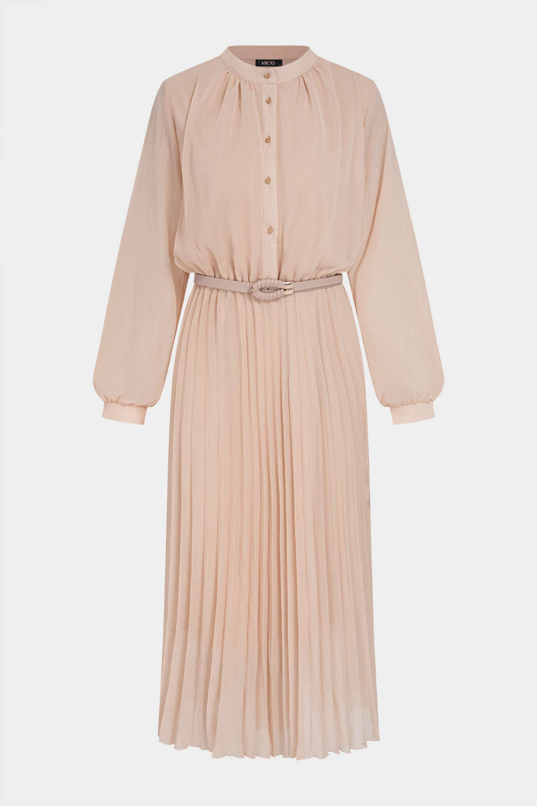 Chiffon Round Neck Belted Pleated Long Sleeve Midi Dress
