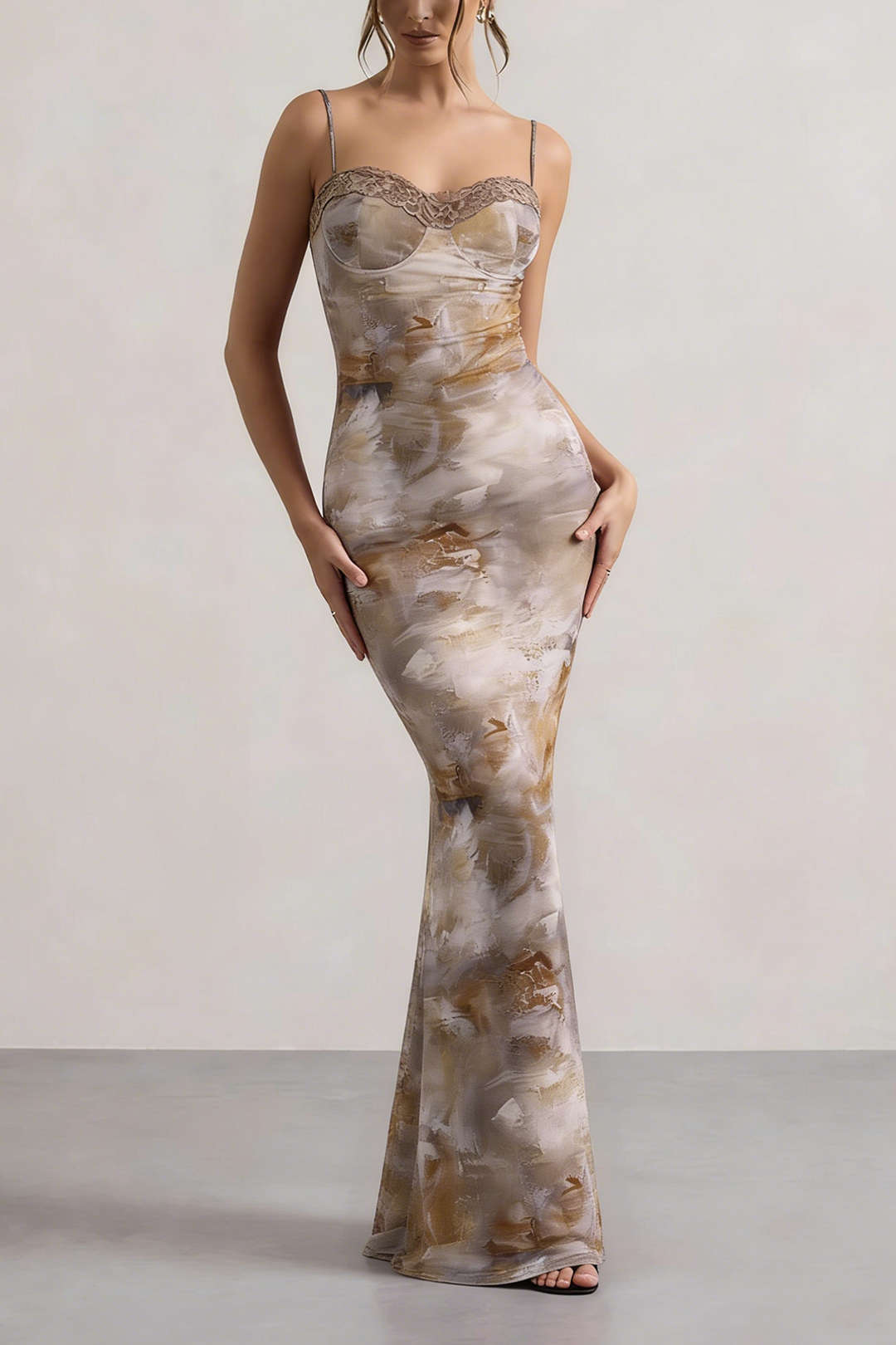Abstract Print Patchwork Lace Trim Bustier Sleeveless Maxi Dress