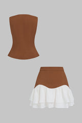 Asymmetrical Button Vest And Patchwork Ruffle Mini Skirt Set