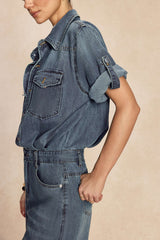 Denim Lapel Short Sleeve Straight Leg Jumpsuit