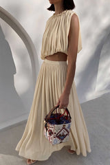 Chiffon Round Neck Ruched Tank Top And Maxi Skirt Set