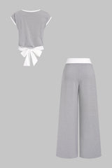 Contrast Round Neck Short Sleeve T-Shirt And Ruched Wide Leg Pants