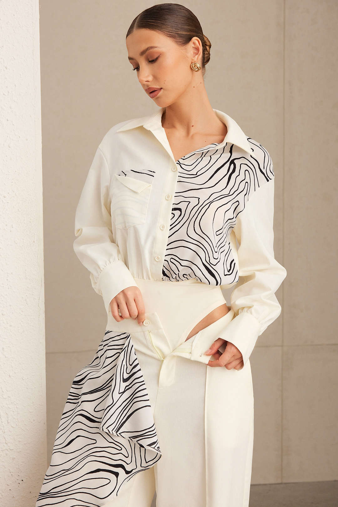 Abstract Print Patchwork Button Pocket Long Sleeve Bodysuit