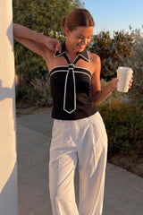 Contrast Trim Halter Neck V-Neck Tank Top