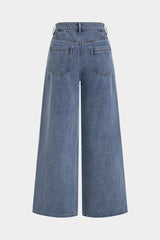 Denim Metallic Button Stitching Detail Wide-Leg Jeans