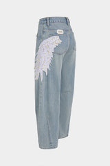 Denim Feather Pearls Decor Wide Leg Jeans