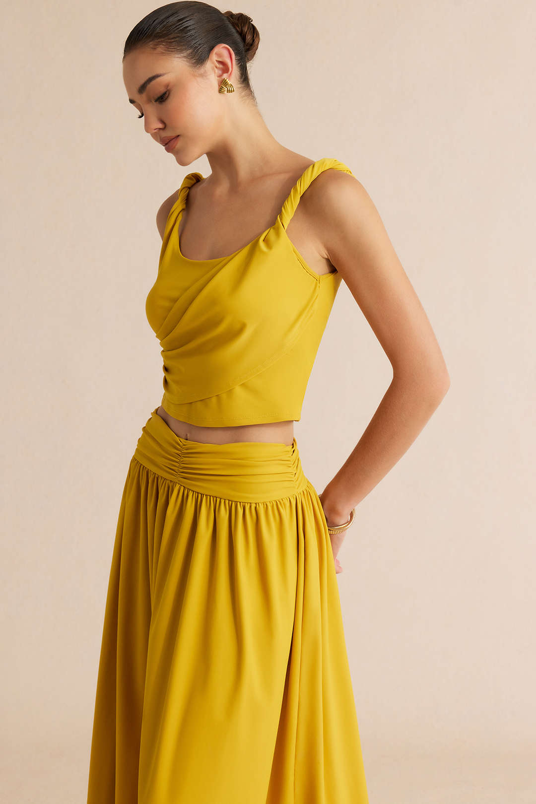Asymmetrical Ruched Twist Knot Cami Top And Ruched Skirt Set