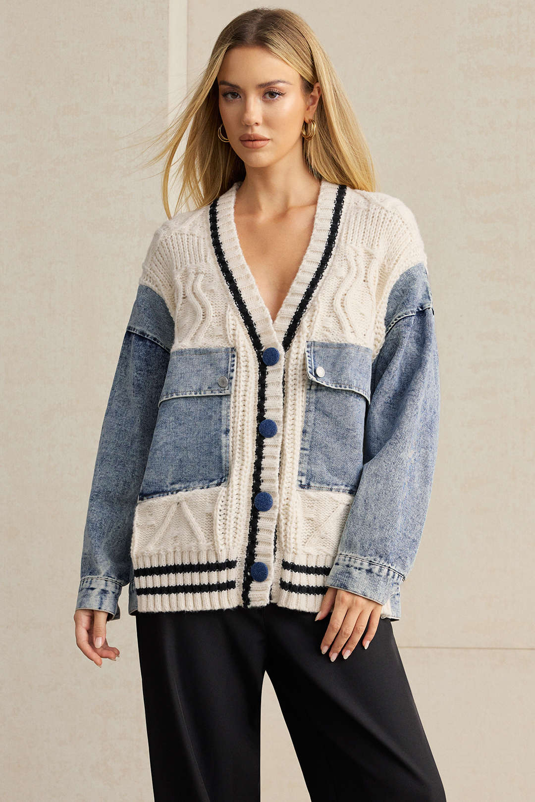 Denim Patchwork Knit Outerwear