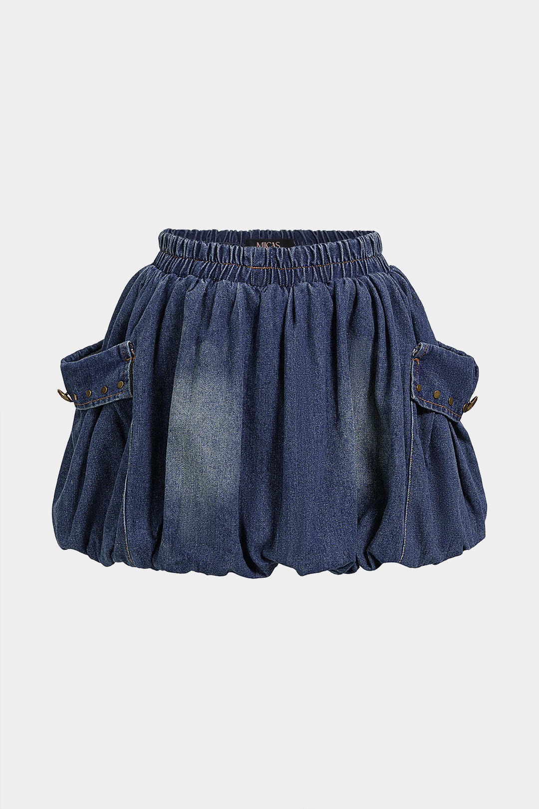 Denim Shirred Waistband Ruched Pocket Mini Skirt