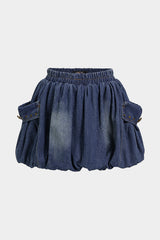 Denim Shirred Waistband Ruched Pocket Mini Skirt