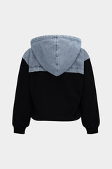 Denim Patchwork Long-Sleeve Hoodie