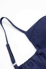 Denim Asymmetrical Ruched Bustier Belted Zipper Maxi Dress