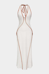 Contrast Binding Halter V-Neck Sleeveless Midi Dress