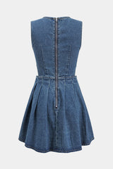 Denim Pleated Button Zipper Sleeveless Mini Dress