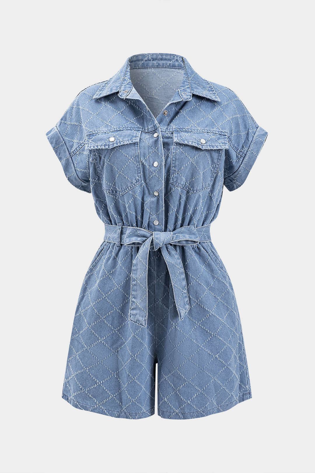 Denim Lapel Belted Pocket Short Sleeve Romper