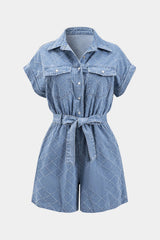 Denim Lapel Belted Pocket Short Sleeve Romper