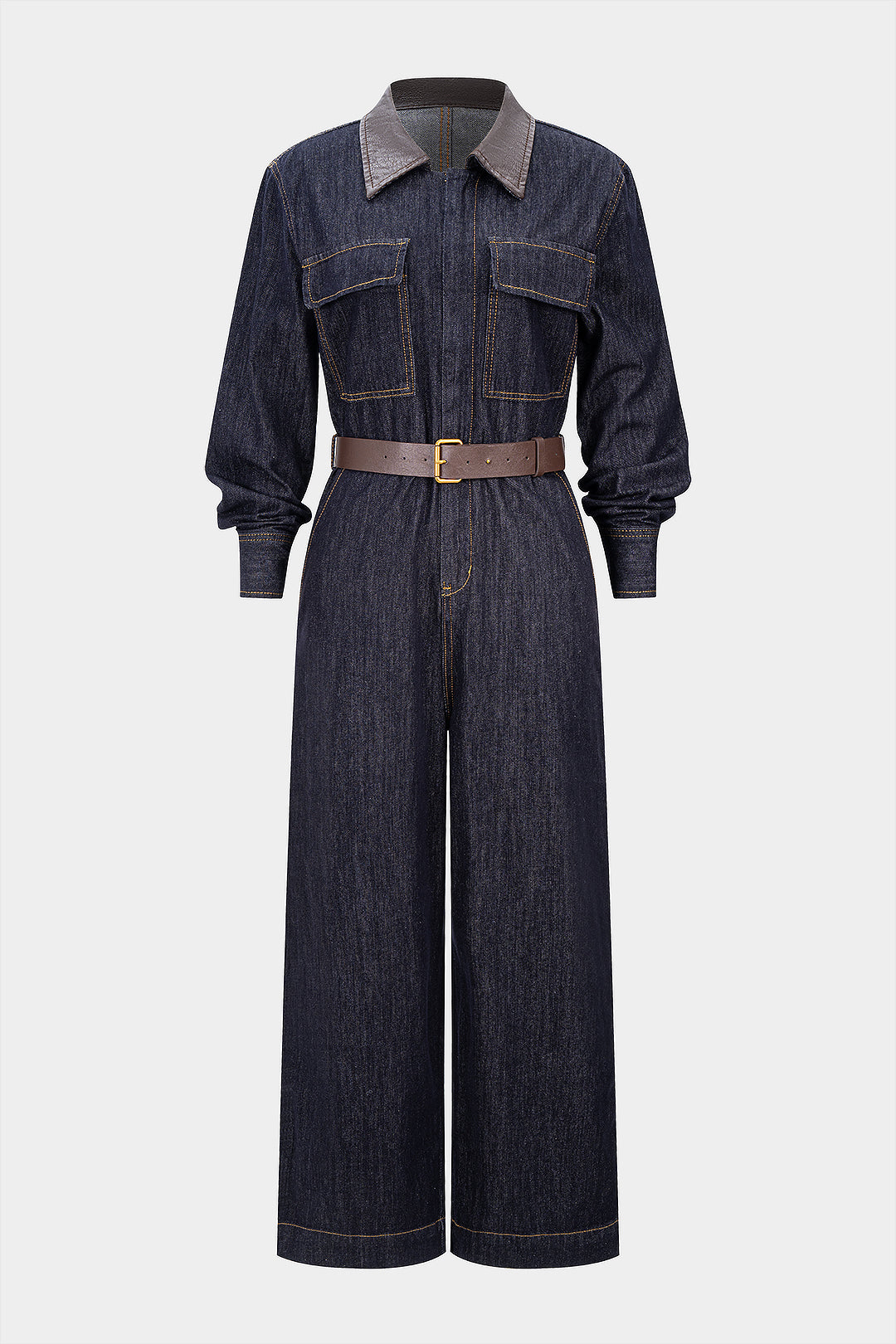 Denim Faux Leather Patchwork Belted Long-Sleeve Jumpsuit