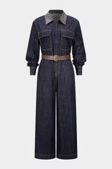 Denim Faux Leather Patchwork Belted Long-Sleeve Jumpsuit