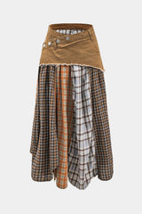 Color Block Plaid Print Denim Patchwork Asymmetrical Skirt