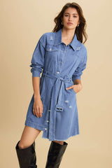 Denim Tie Front Long Sleeve Mini Dress
