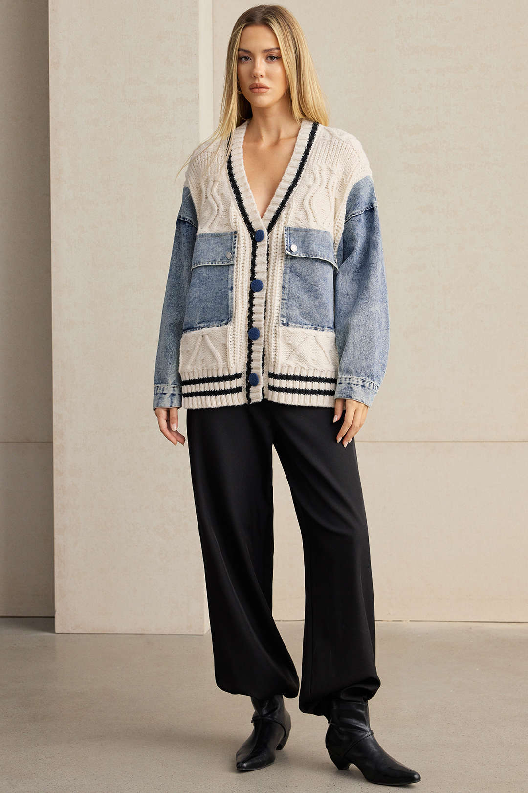 Denim Patchwork Knit Outerwear