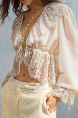 Chiffon Patchwork Lace Trim Drawstring Long Sleeve Shirt