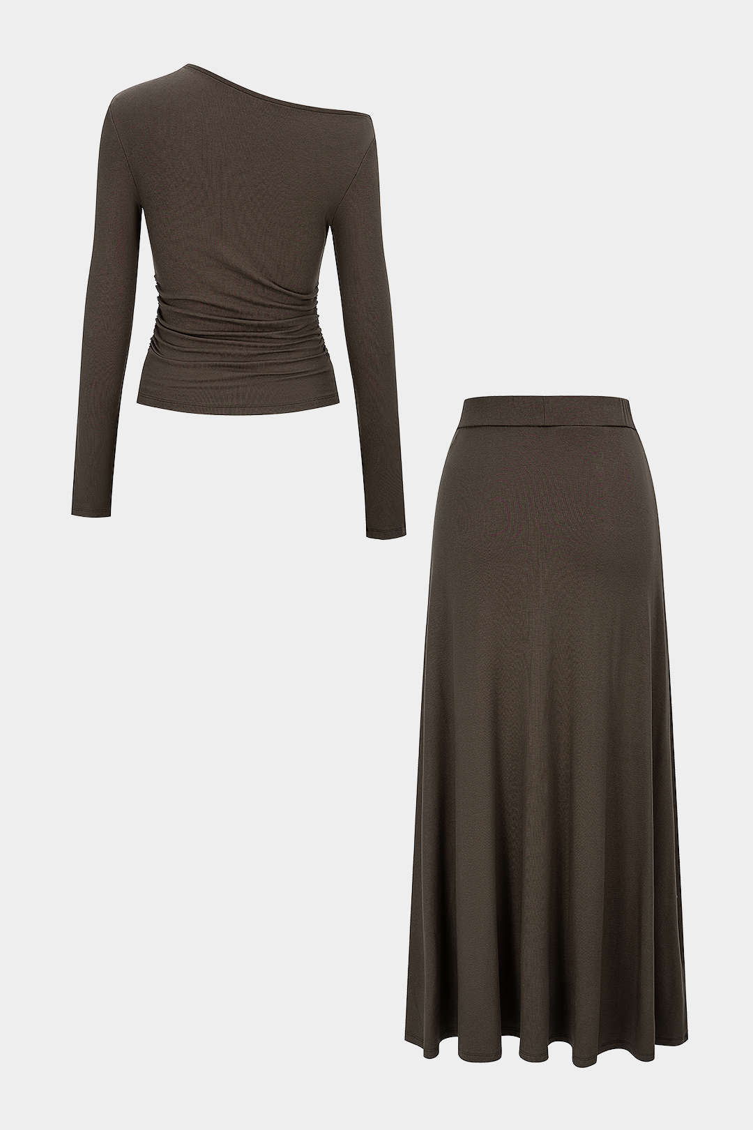 Asymmetrical Neck Long-Sleeve Top And Stitching Detail Skirt Set